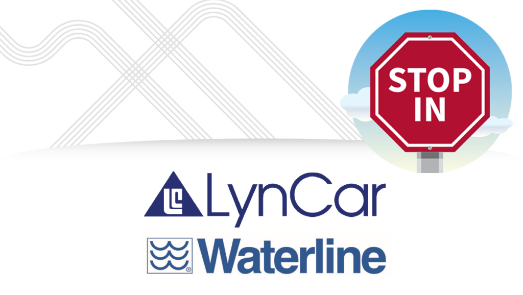 A stop sign that has the words "Stop In" with clouds behind it and white box featuring the LynCar Waterline logo in blue letters.