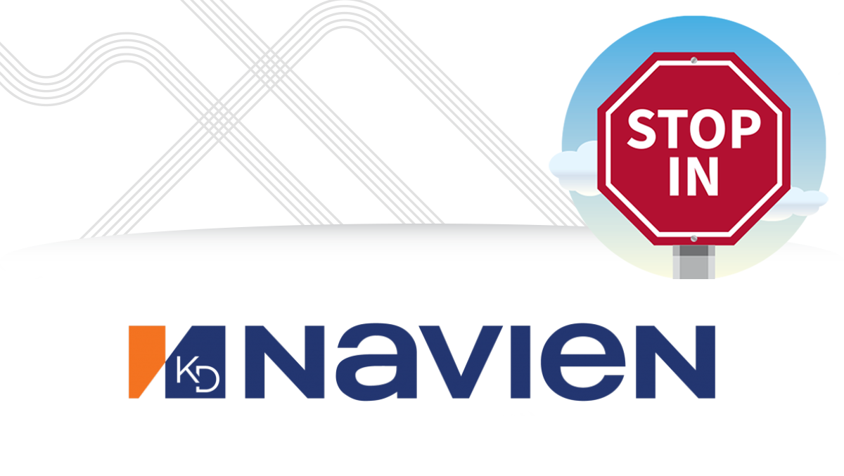 A stop sign that has the words "Stop In" with clouds behind it and white box featuring the Navien logo in blue letters.