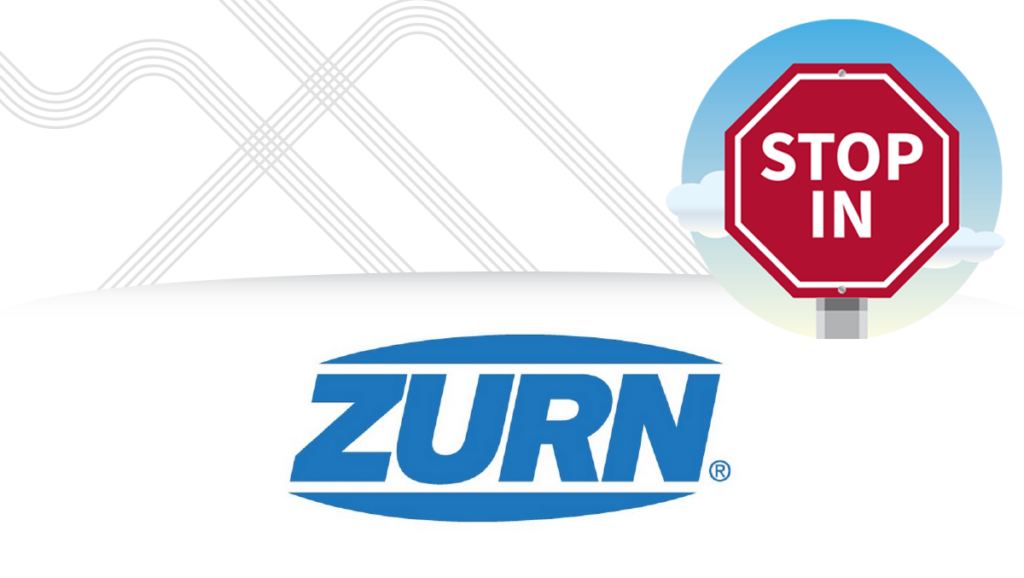A stop sign that has the words "Stop In" with clouds behind it and white box featuring the Zurn logo.